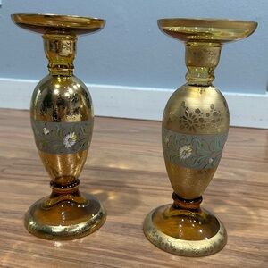 Lot Of 2 Vintage Candleholders, Hand Blown , Hand Decorated With 18KR Gold